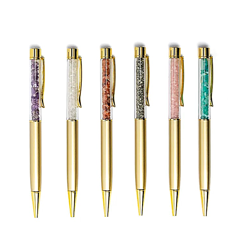 stylos, pierre naturelles, améthyste, du cristal de roche, de la cornaline, de la pyrite, du quartz rose et de la amazonite